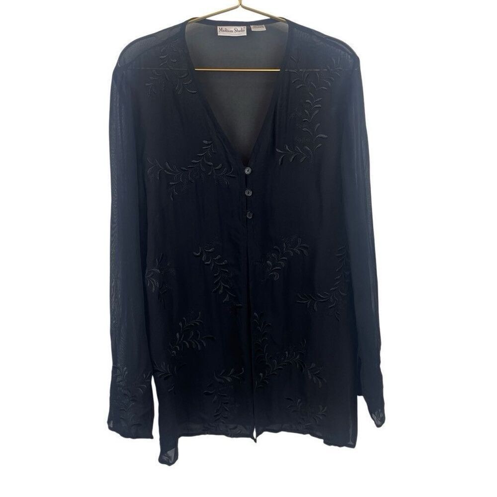 American Vintage Madison Studio 100% Rayon Black Floral Sheer Blouse Size XL